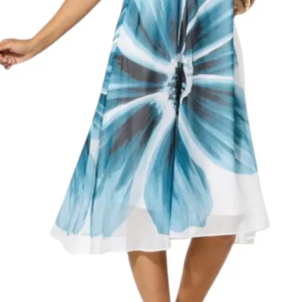 Wynne Layer Size XL Floral Midi Dress in Blue and White 2 Pieces Sheer Overlay - Picture 14 of 14